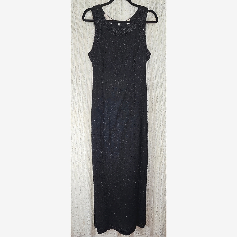 LAURENCE KAZAR Silk Beaded Gown Dress Black Vintage Size Medium